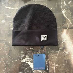 Louis Vuitton Black Beanie with Navy Tag and Hang Tag